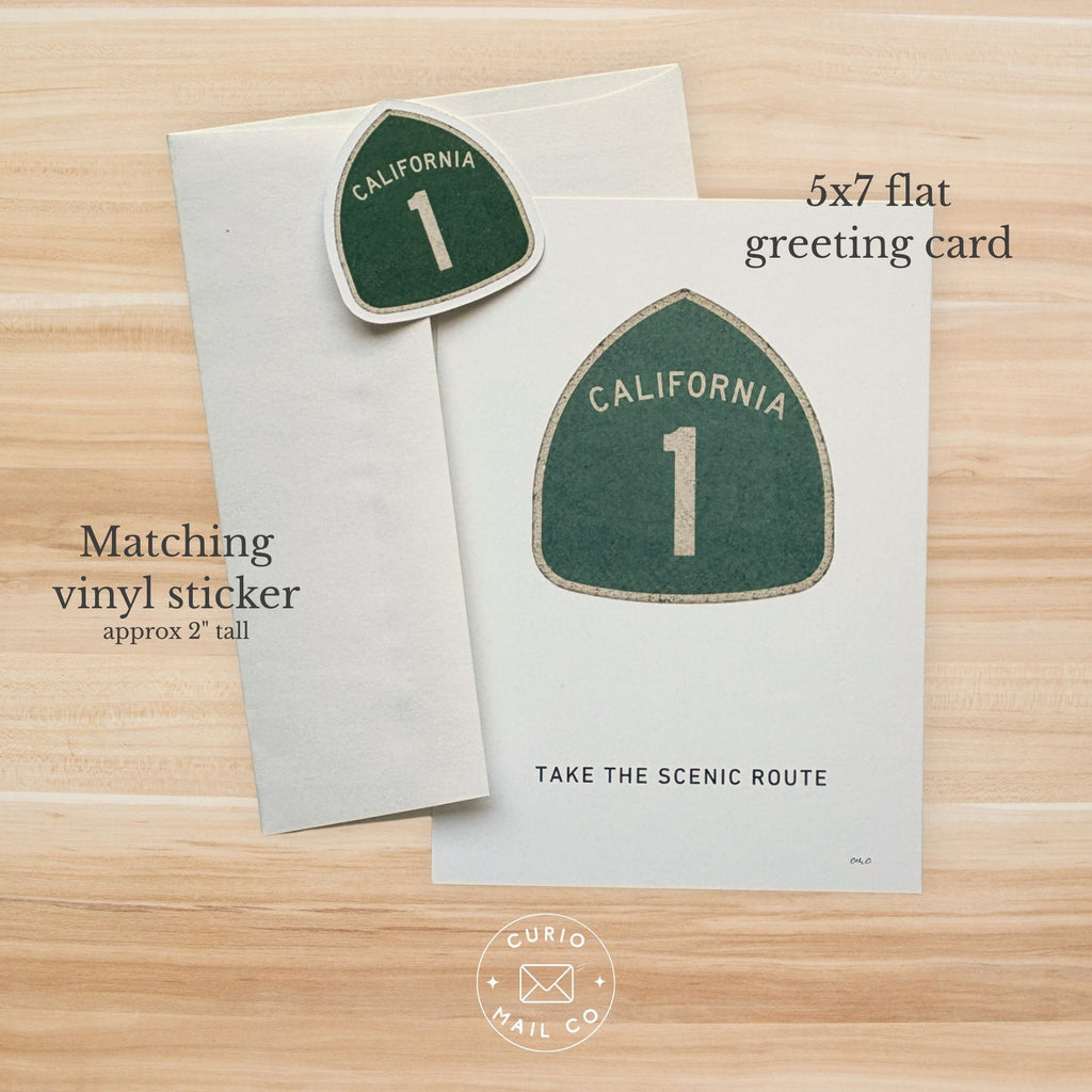 5x7 flat greeting card with matching vinyl sticker on a wooden surface, featuring 'California 1' design.