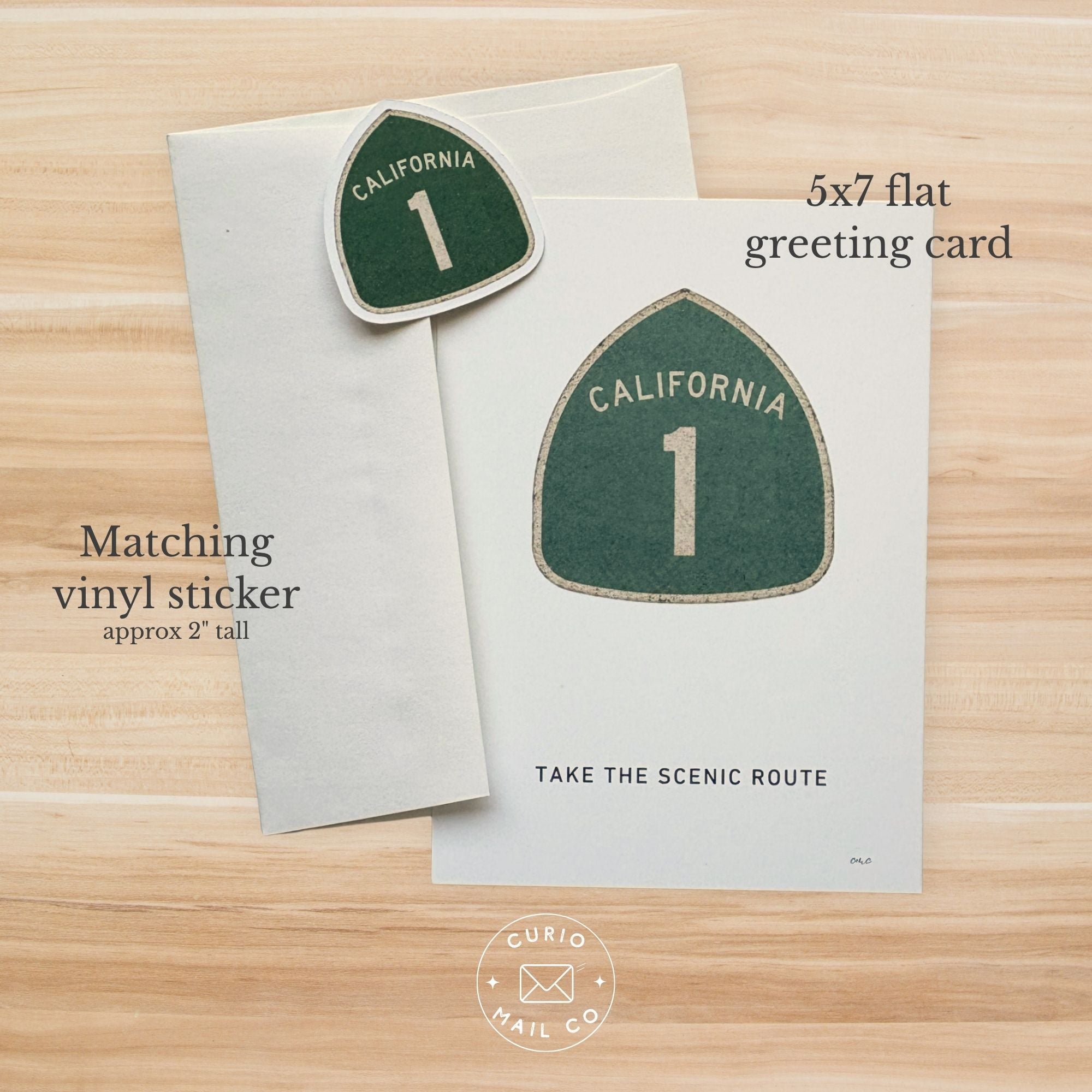 5x7 flat greeting card with matching vinyl sticker on a wooden surface, featuring 'California 1' design.