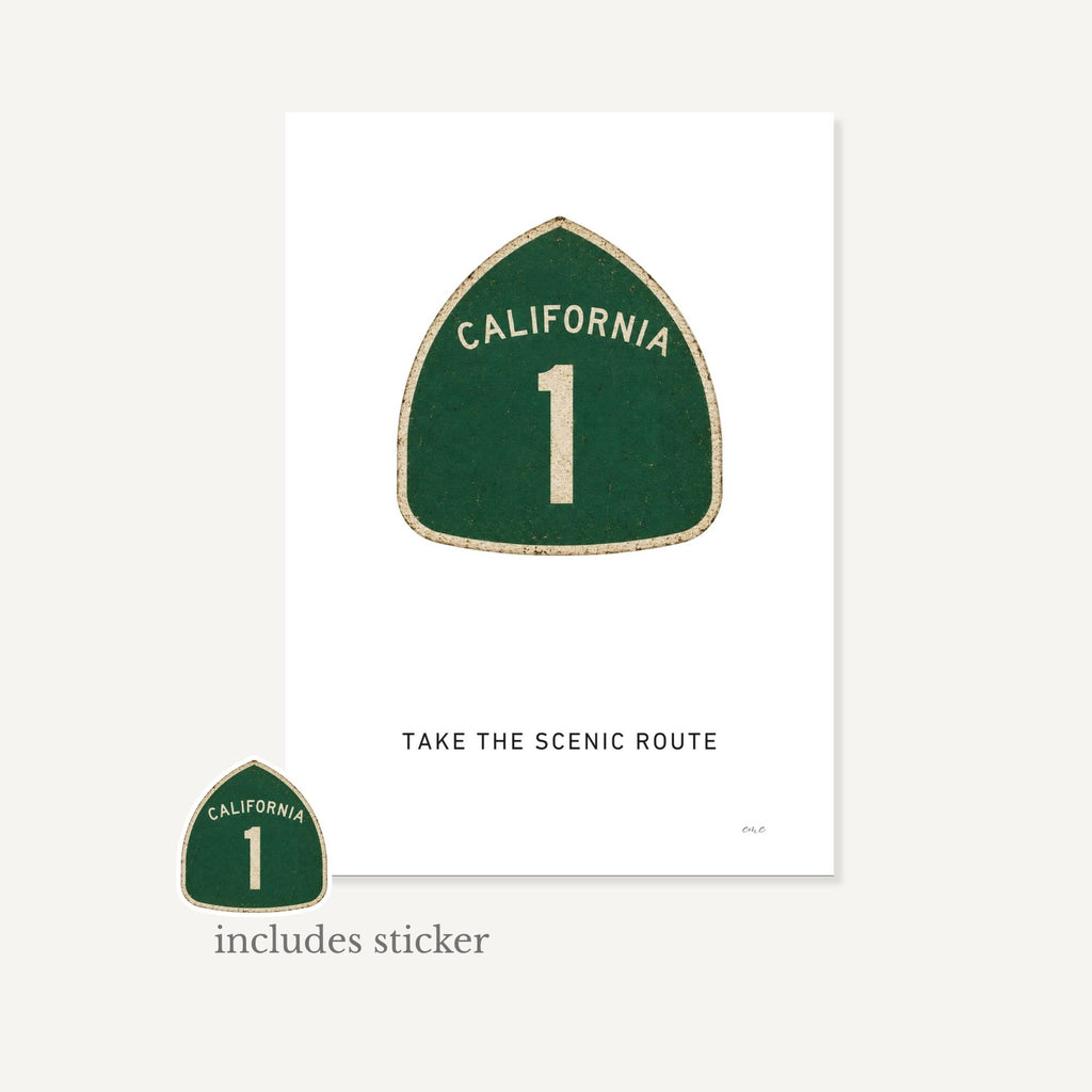 Green and gold shield-shaped sign with 'California 1' text on a white background