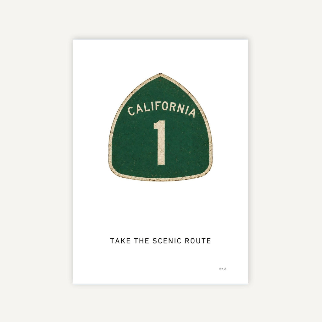 Green road sign with 'California 1' on a white background