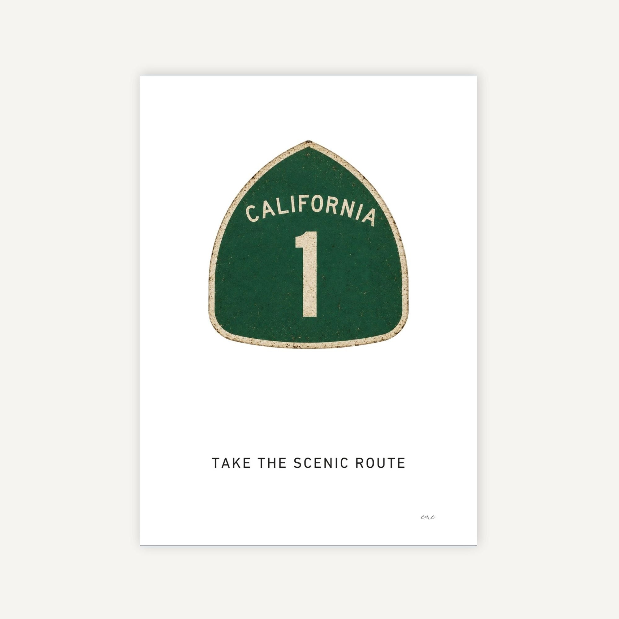 Green road sign with 'California 1' on a white background
