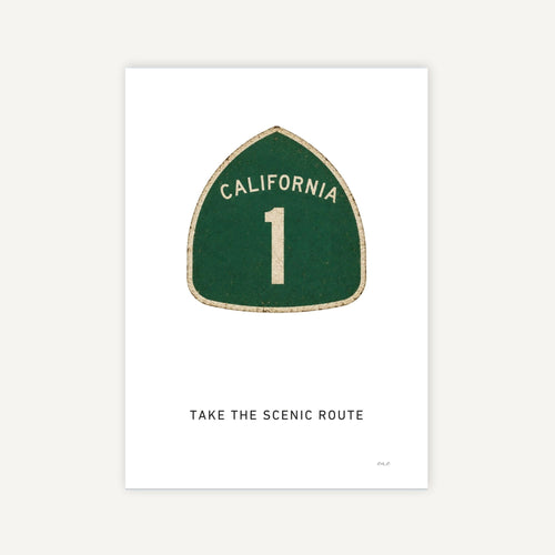 Green road sign with 'California 1' on a white background