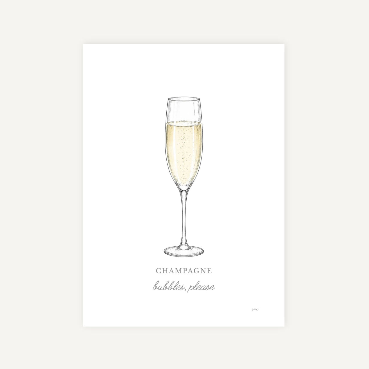 A minimalist art print featuring an illustration of a champagne flute filled with champagne, with the text 'CHAMPAIGNE bubbles, please' printed below on a white background.