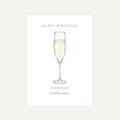 A minimalist birthday card featuring an illustration of a champagne flute filled with champagne, with the text 'HAPPY BIRTHDAY' at the top and 'CHAMPAGNE bubbles please' at the bottom, shown against a light gray background.