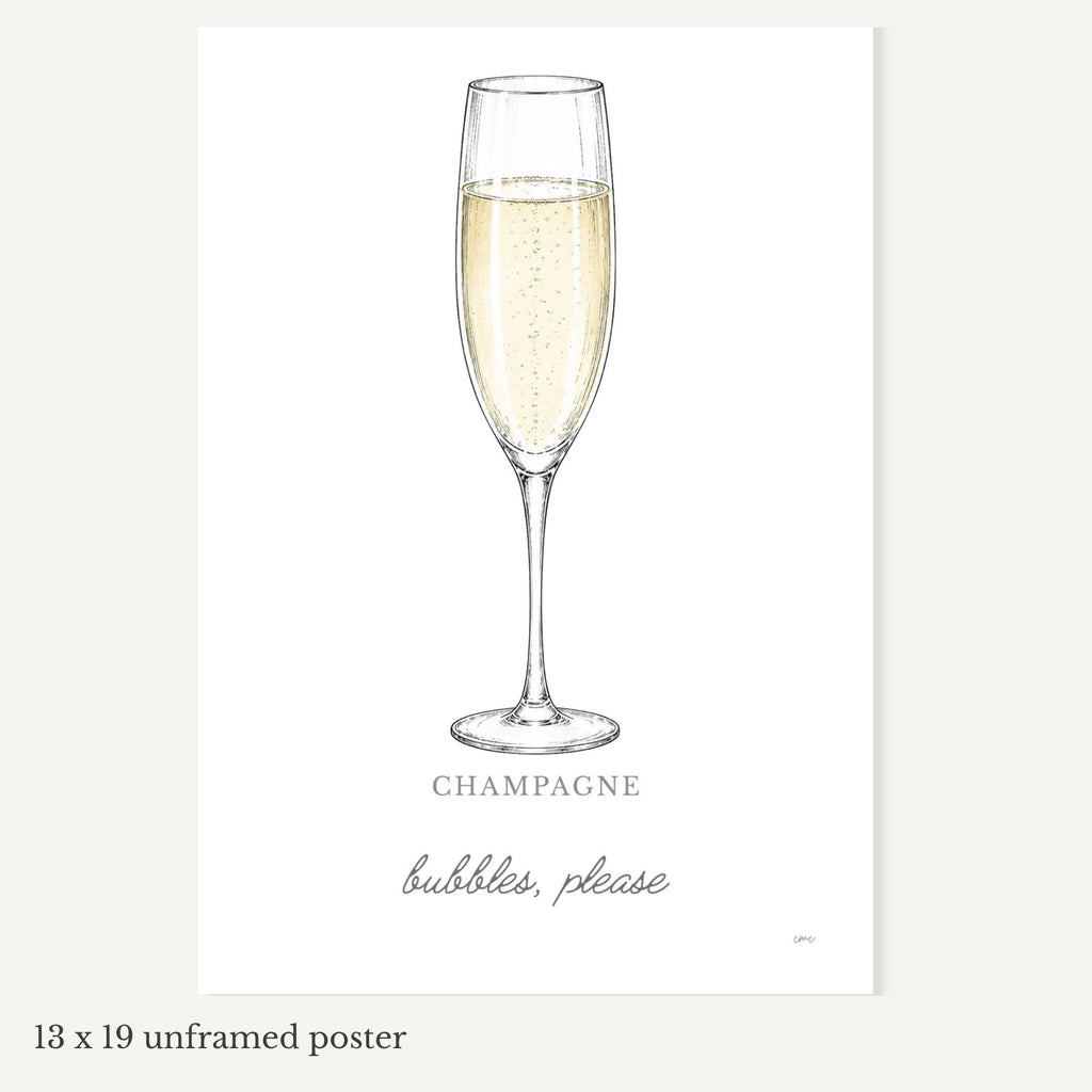 Champagne Poster 13x19 Unframed Bar Wall Art – Bubbles, Please