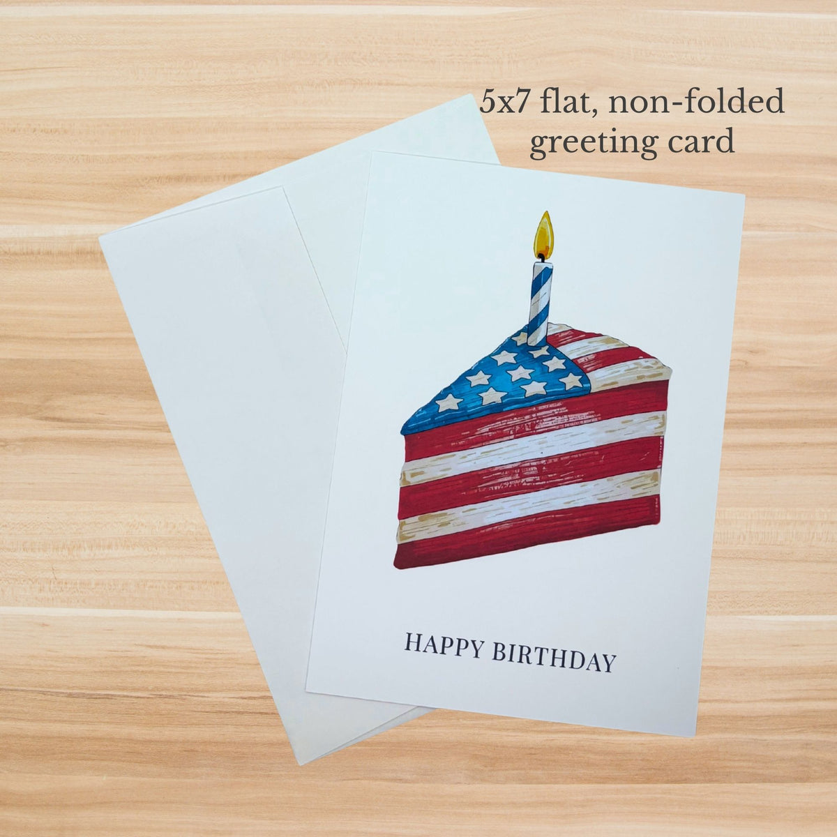Red, white, and blue birthday cake card with stars, stripes, candle, and Happy Birthday text on a white envelope