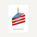 Red, white, and blue birthday cake card with stars, stripes, candle, and Happy Birthday text