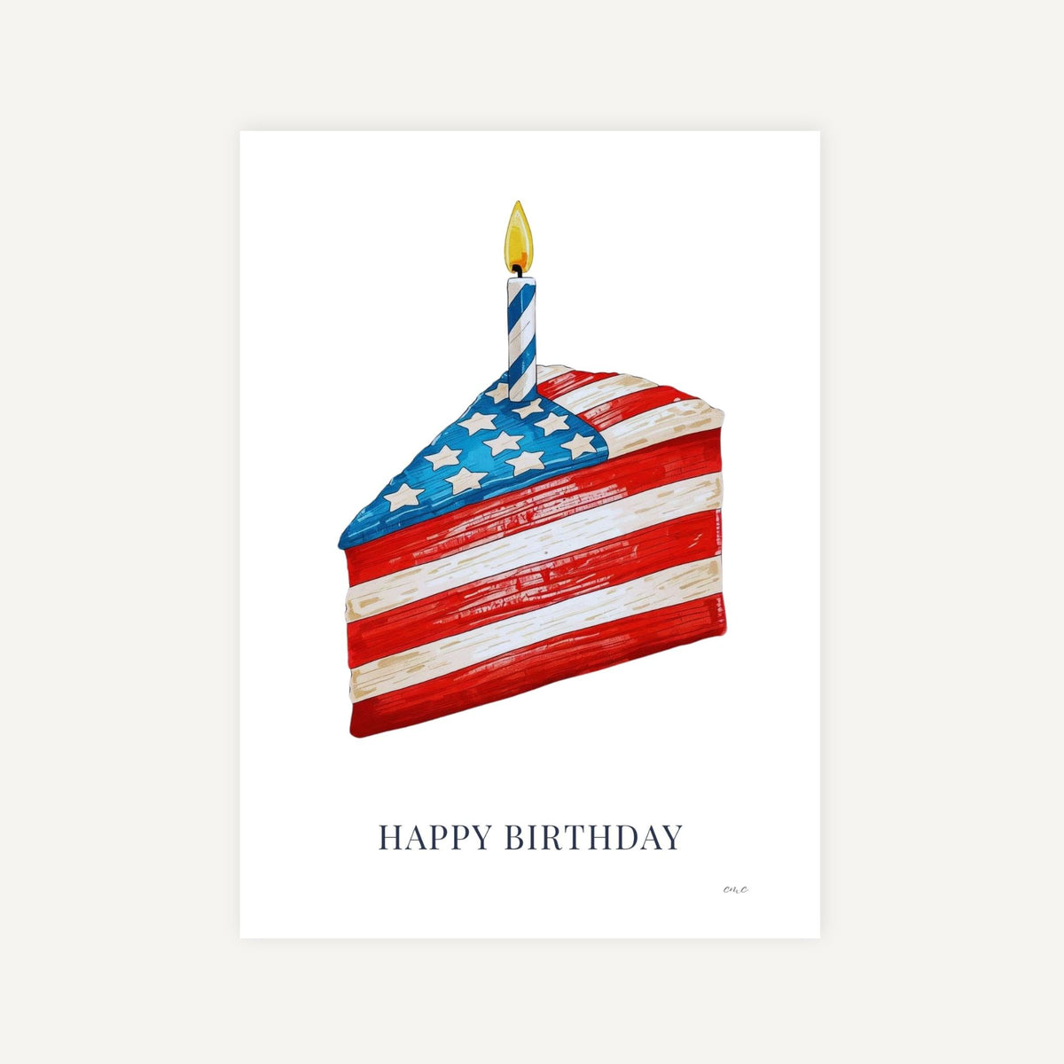 Red, white, and blue birthday cake card with stars, stripes, candle, and Happy Birthday text