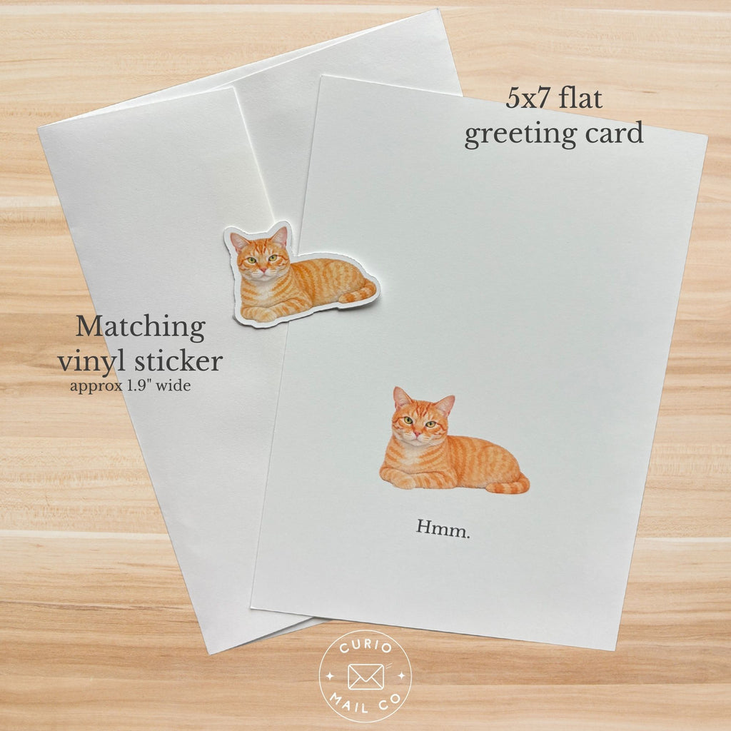 5x7 flat greeting card with matching vinyl sticker of a cat on a wooden surface