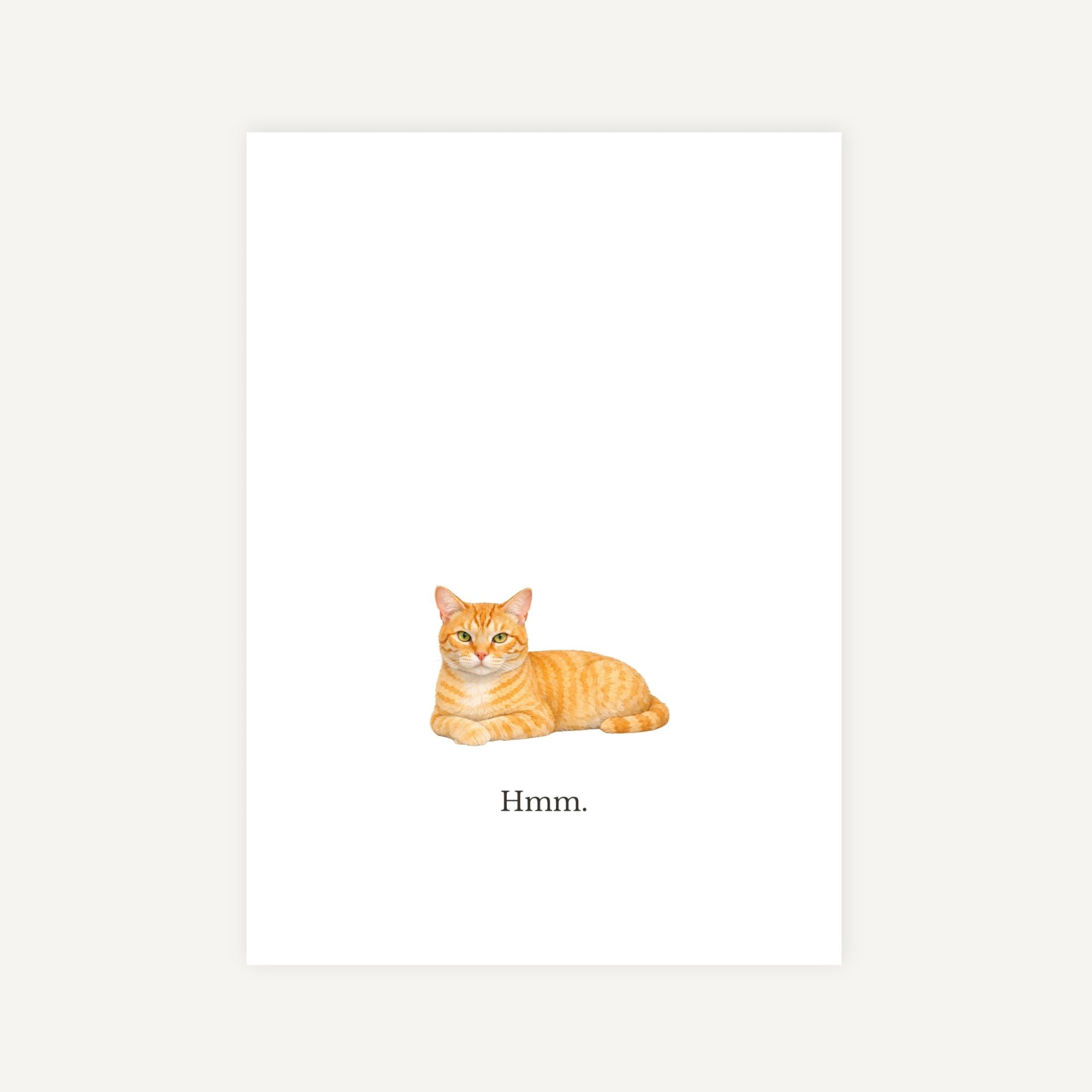 Illustration of a cat with the text 'Hmm.' on a white background.