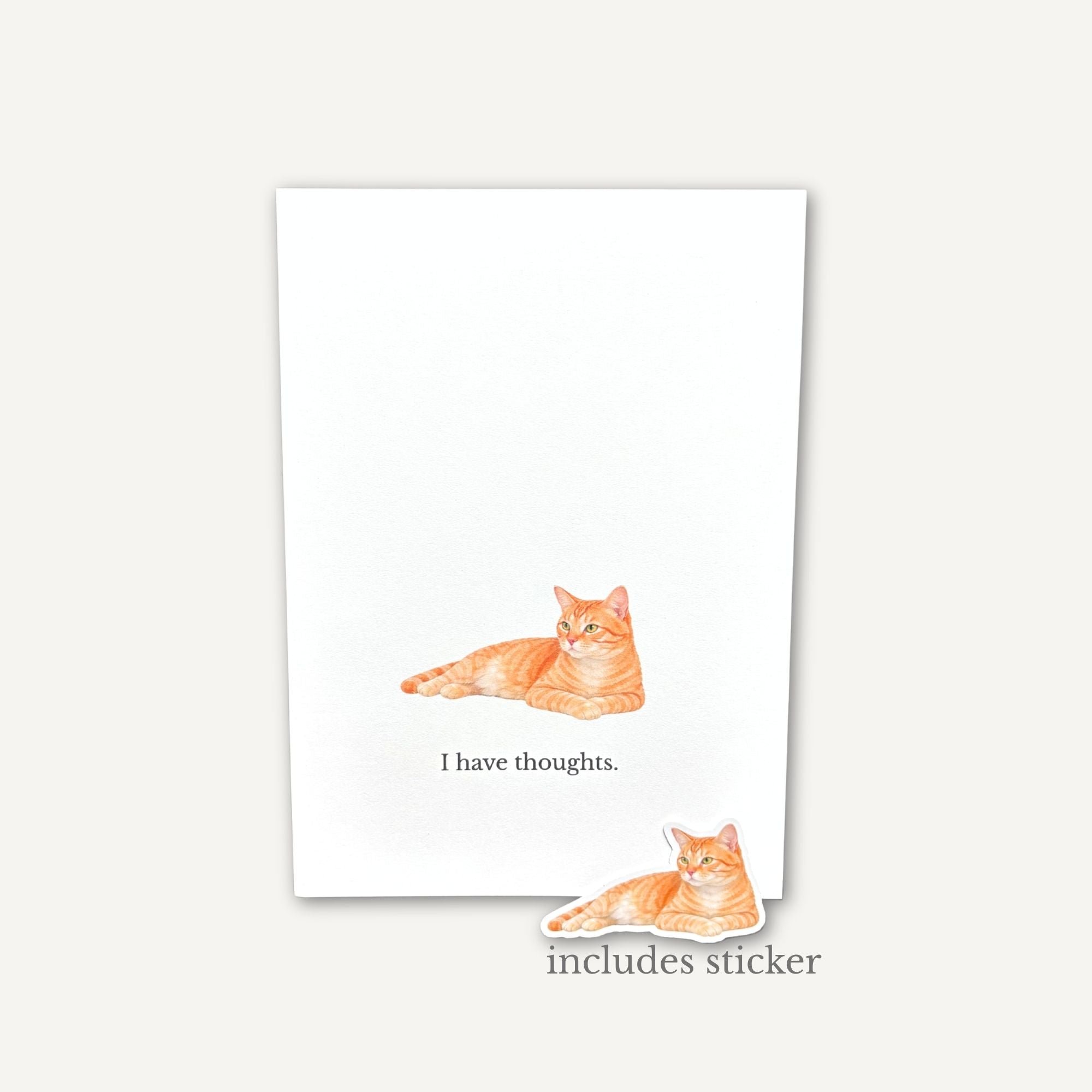 Card with a cat illustration and text 'I have thoughts.' on a white background