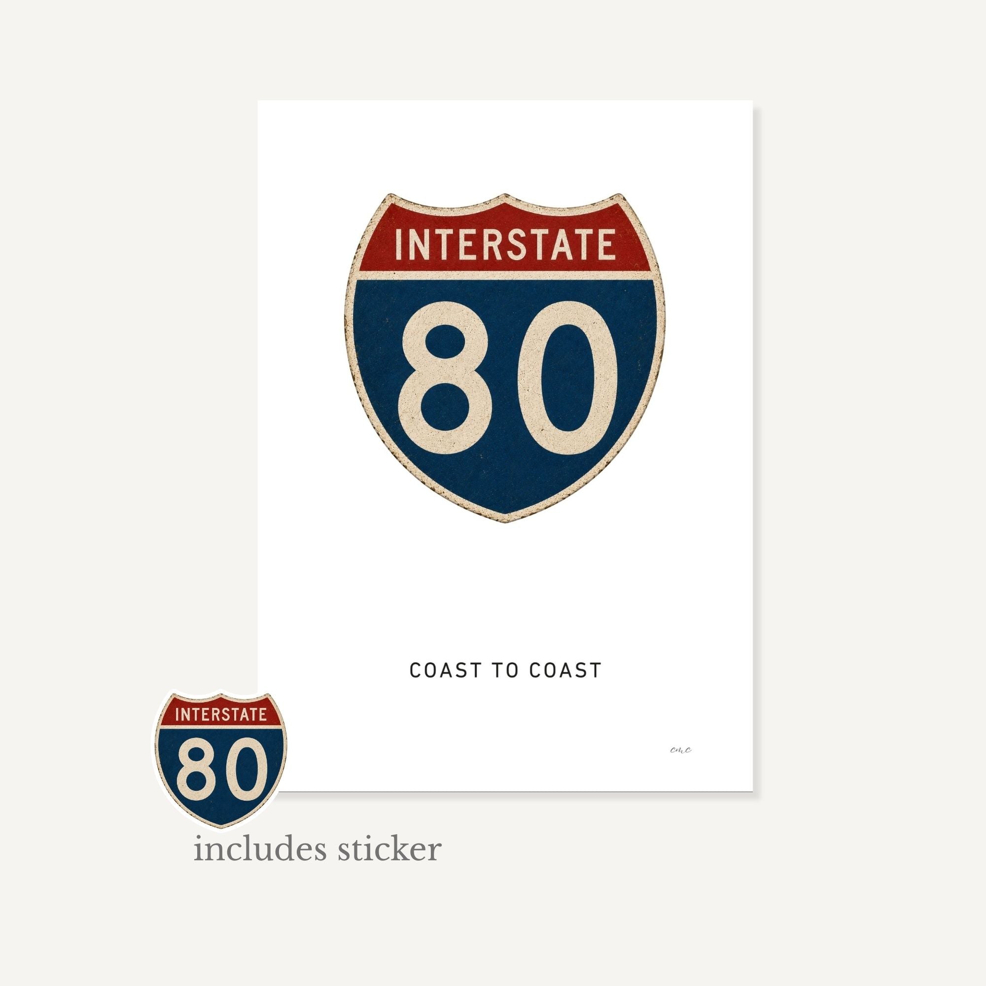 Print of an interstate 80 sign with a sticker on a white background