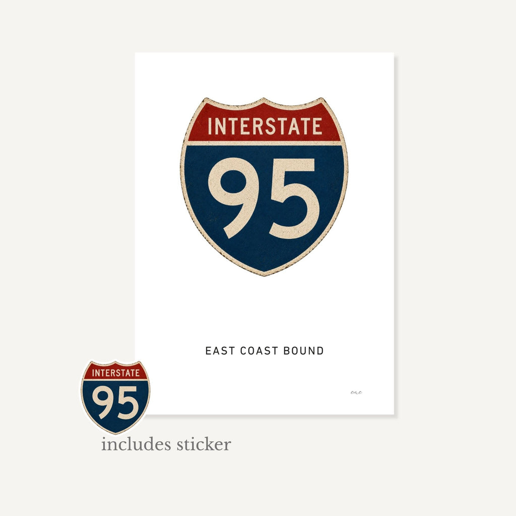 Illustration of an Interstate 95 sign with a sticker on a white background