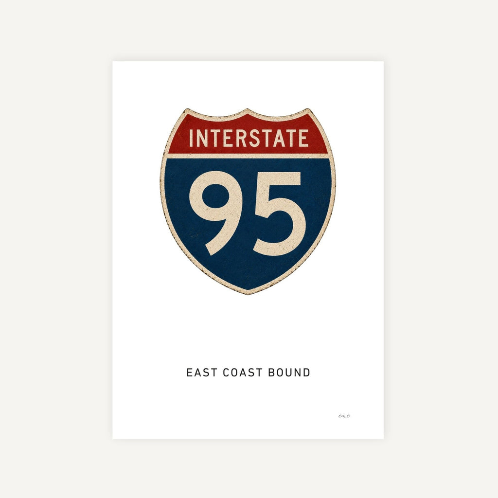 Interstate 95 sign with 'East Coast Bound' text on a white background