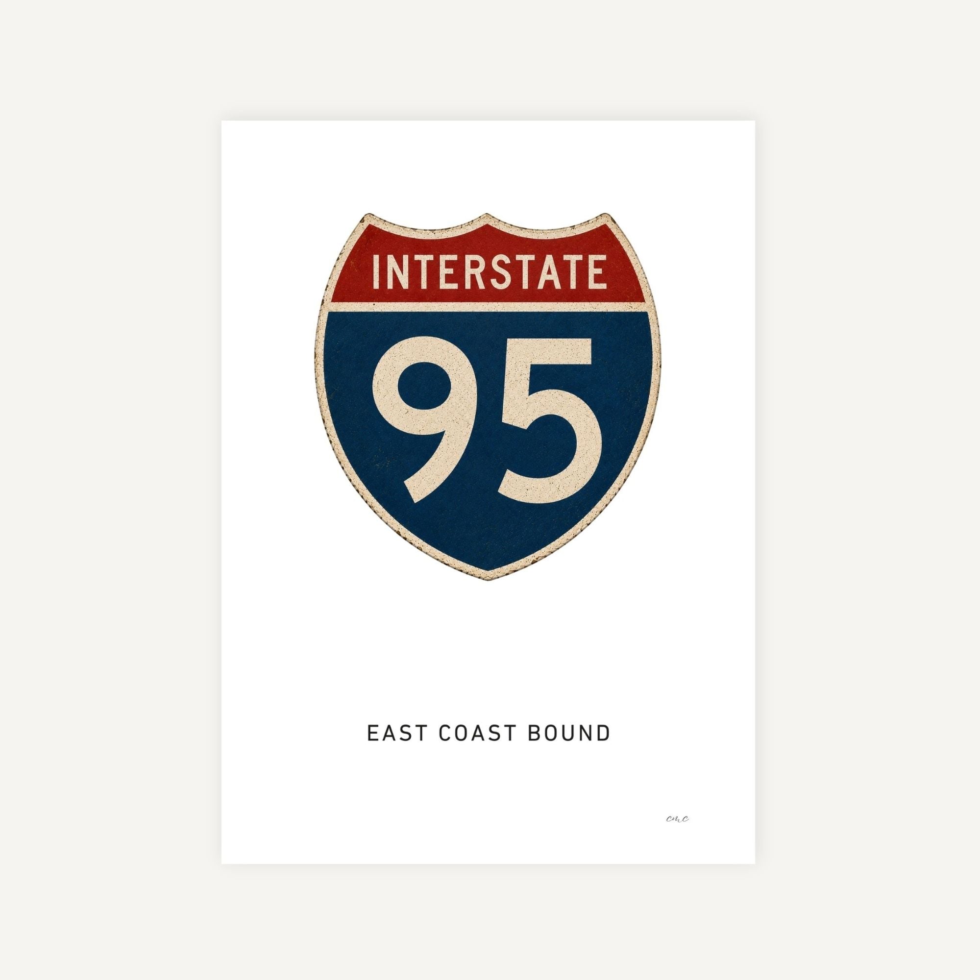 Interstate 95 sign with 'East Coast Bound' text on a white background