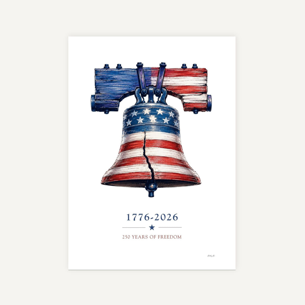 Art print of a Liberty Bell with American flag design on a white background
