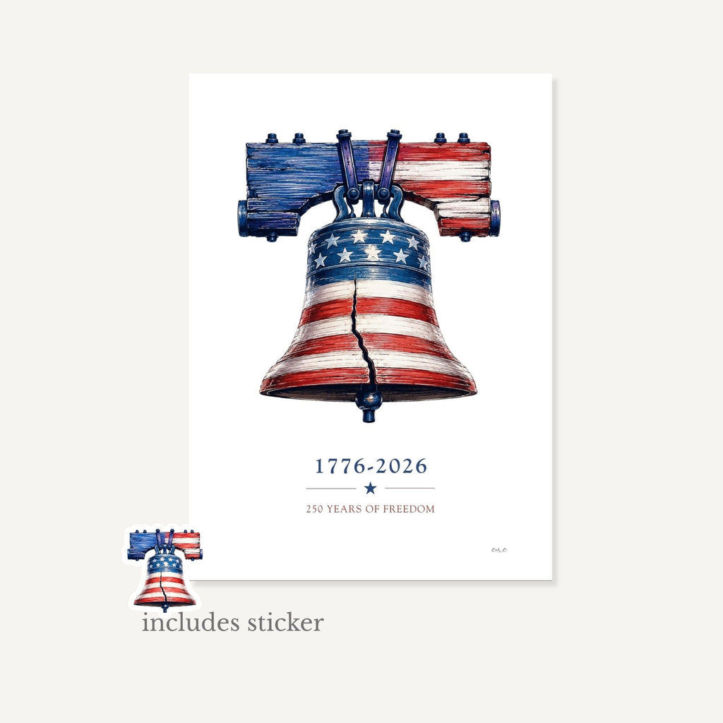 Design of a bell with American flag colors and '1776-2026' text on a white background