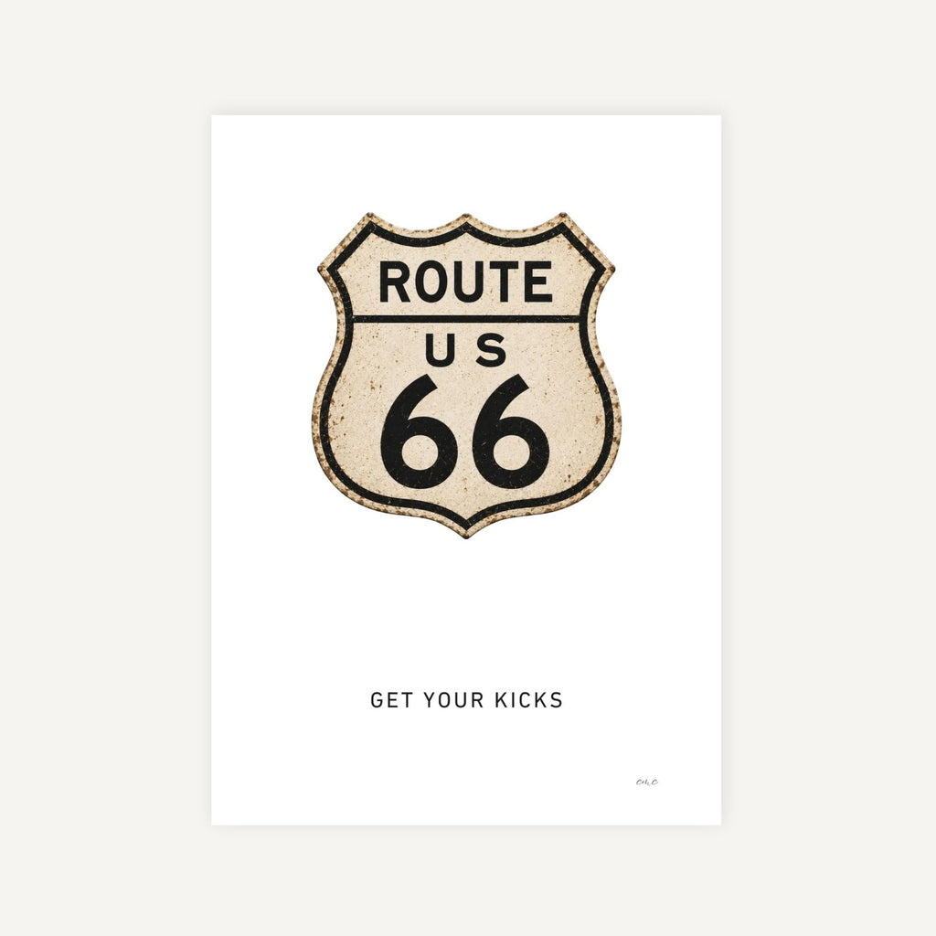 Route 66 sign with 'Get Your Kicks' text on a white background