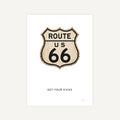 Route 66 sign with 'Get Your Kicks' text on a white background