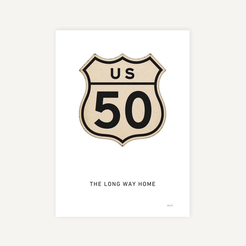 Vintage-style US Route 50 sign with 'The Long Way Home' text on a white background