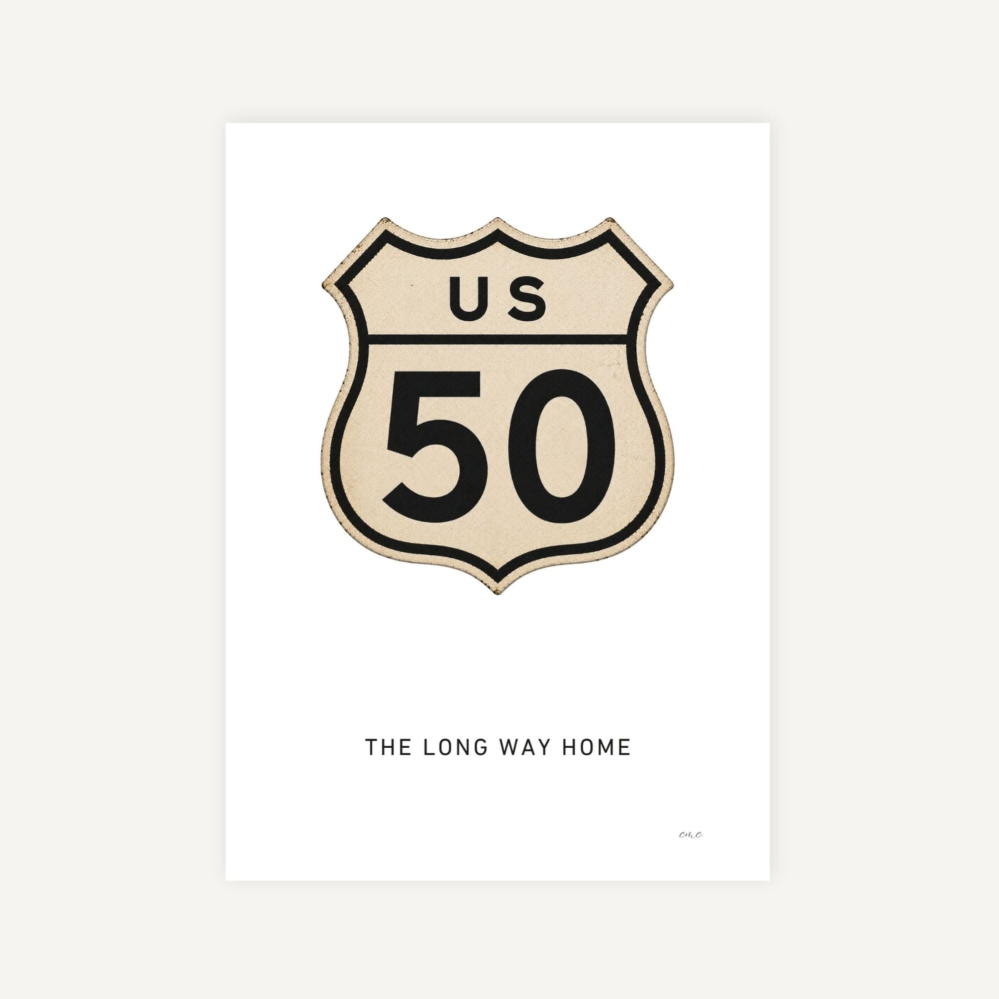 Vintage-style US Route 50 sign with 'The Long Way Home' text on a white background