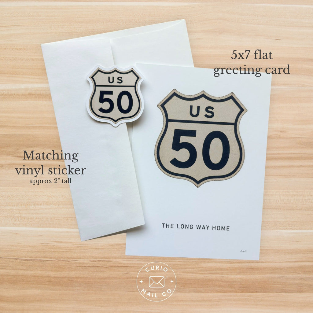 5x7 flat greeting card with matching vinyl sticker featuring US Route 50 design on a wooden surface.
