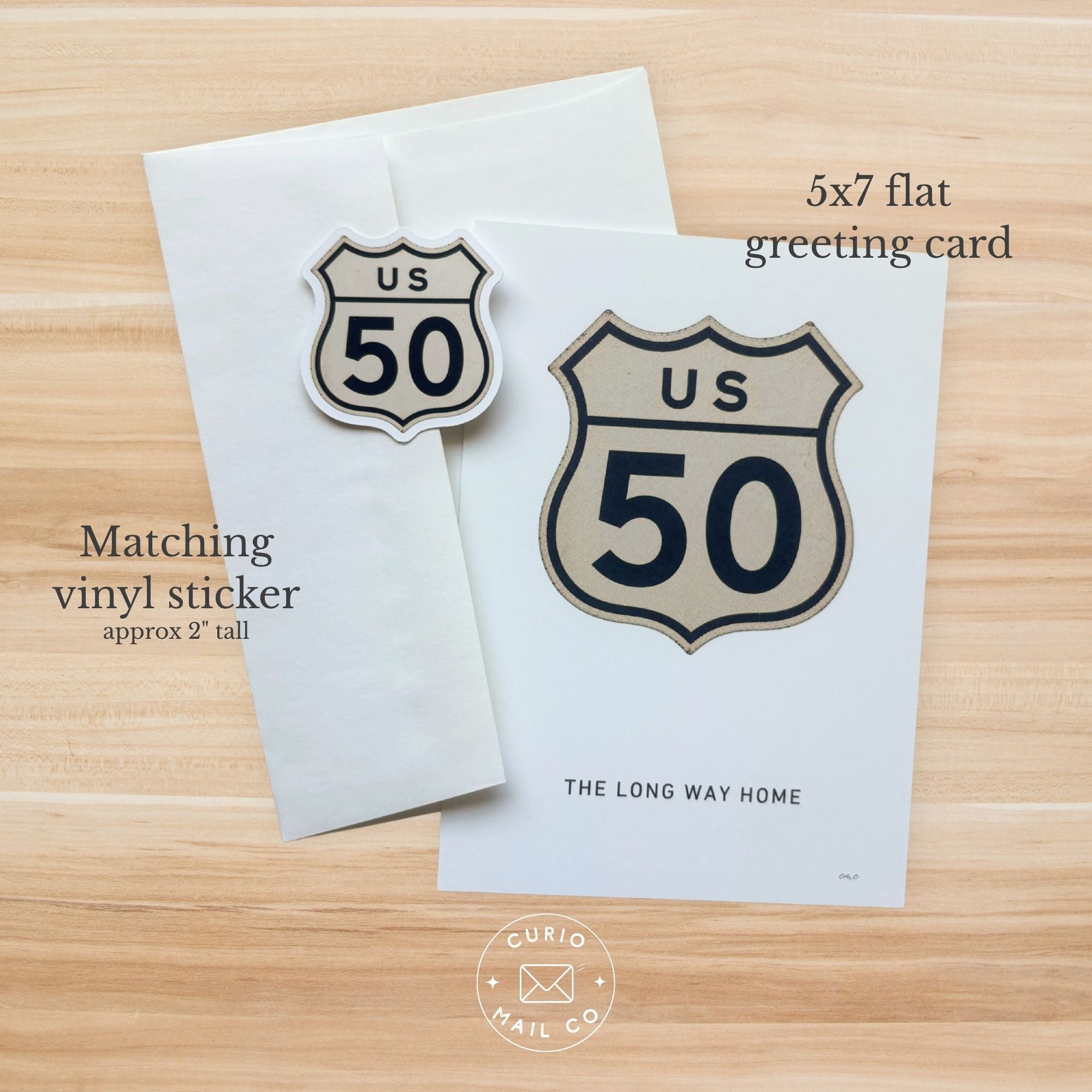 5x7 flat greeting card with matching vinyl sticker featuring US Route 50 design on a wooden surface.
