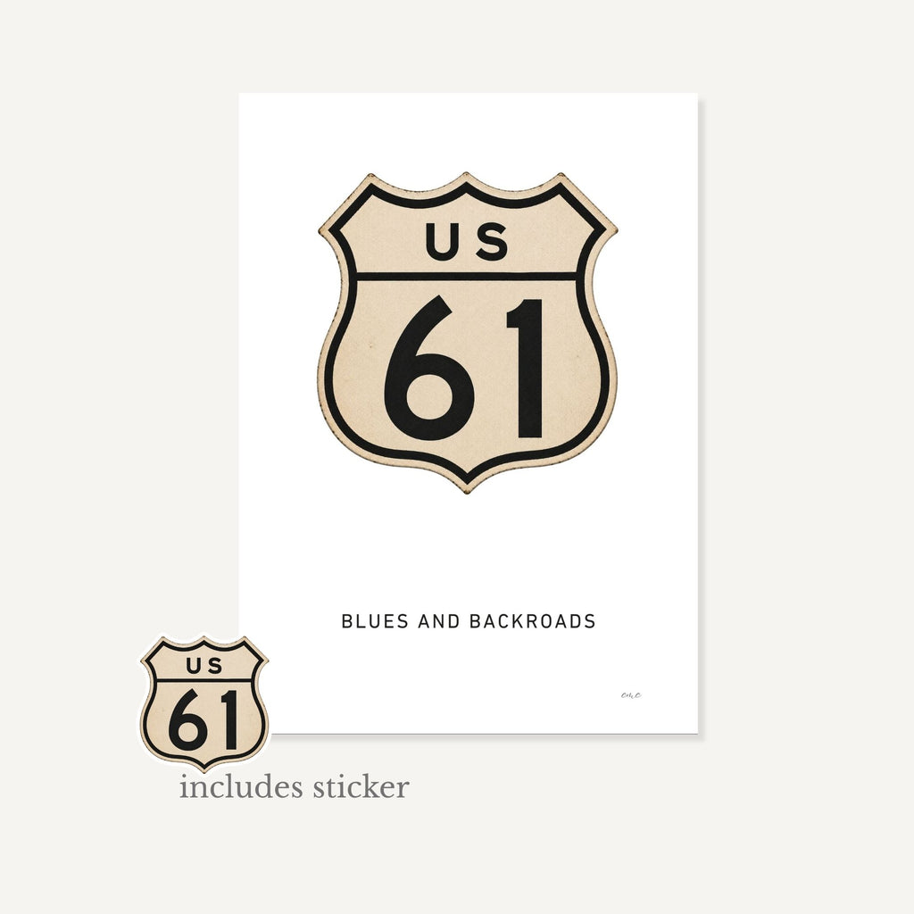 US Route 61 logo on a white background with 'Blues and Backroads' text.