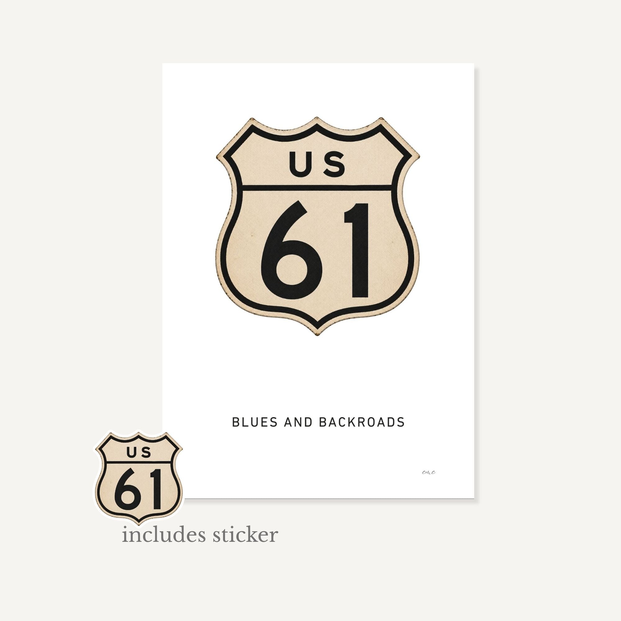US Route 61 logo on a white background with 'Blues and Backroads' text.