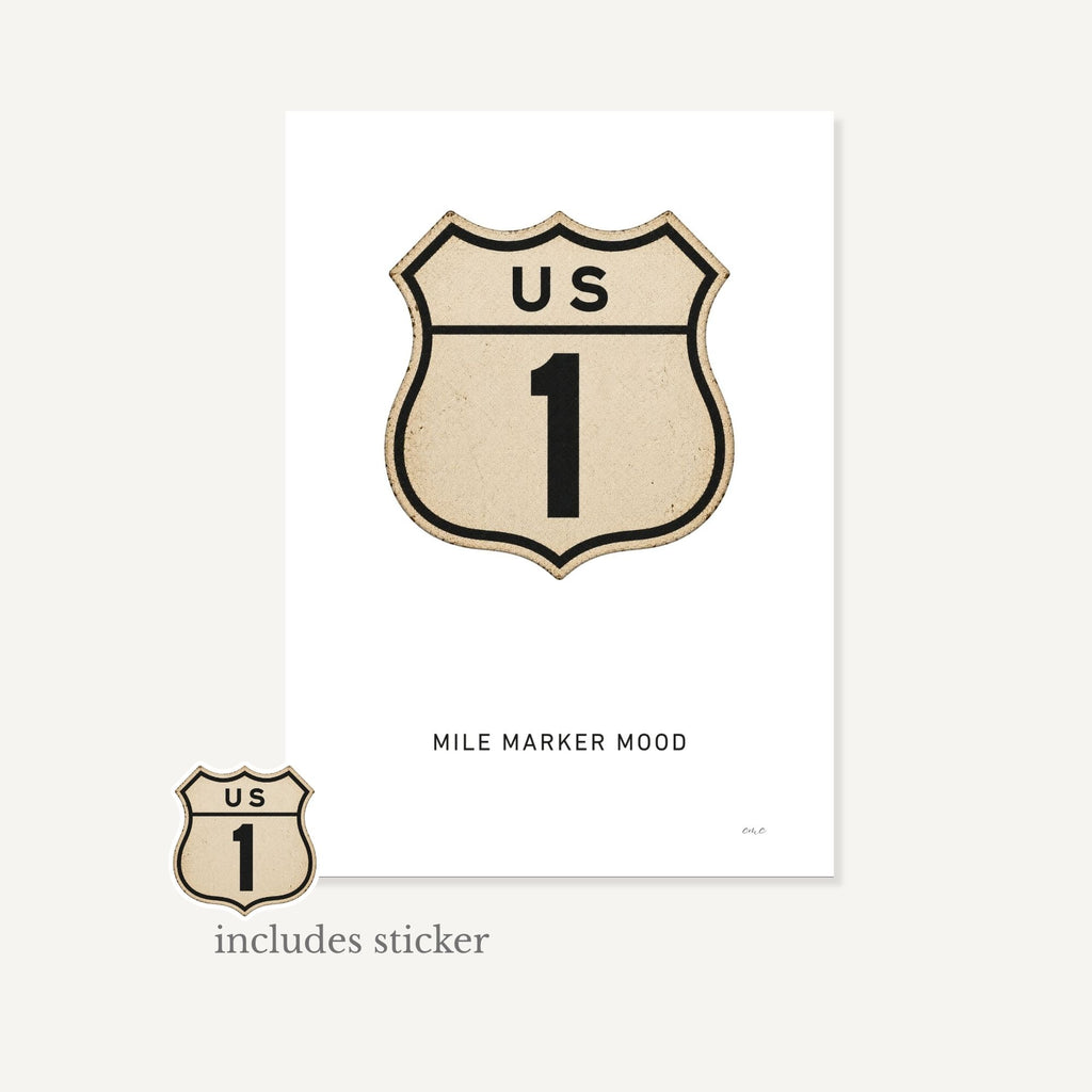 US Route 1 shield design on a white background with a smaller shield sticker below.