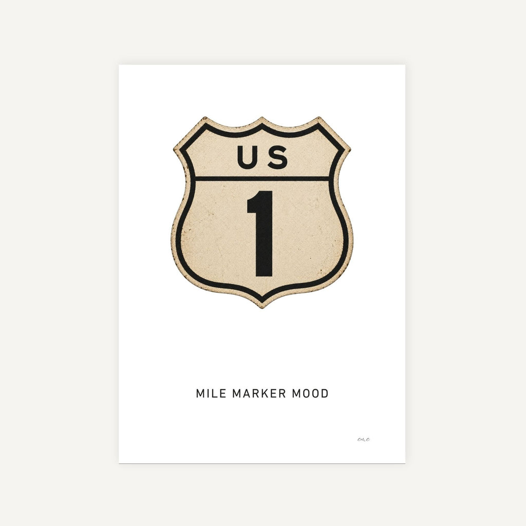 Vintage-style US Route 1 mile marker design on a white background