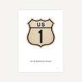 Vintage-style US Route 1 mile marker design on a white background