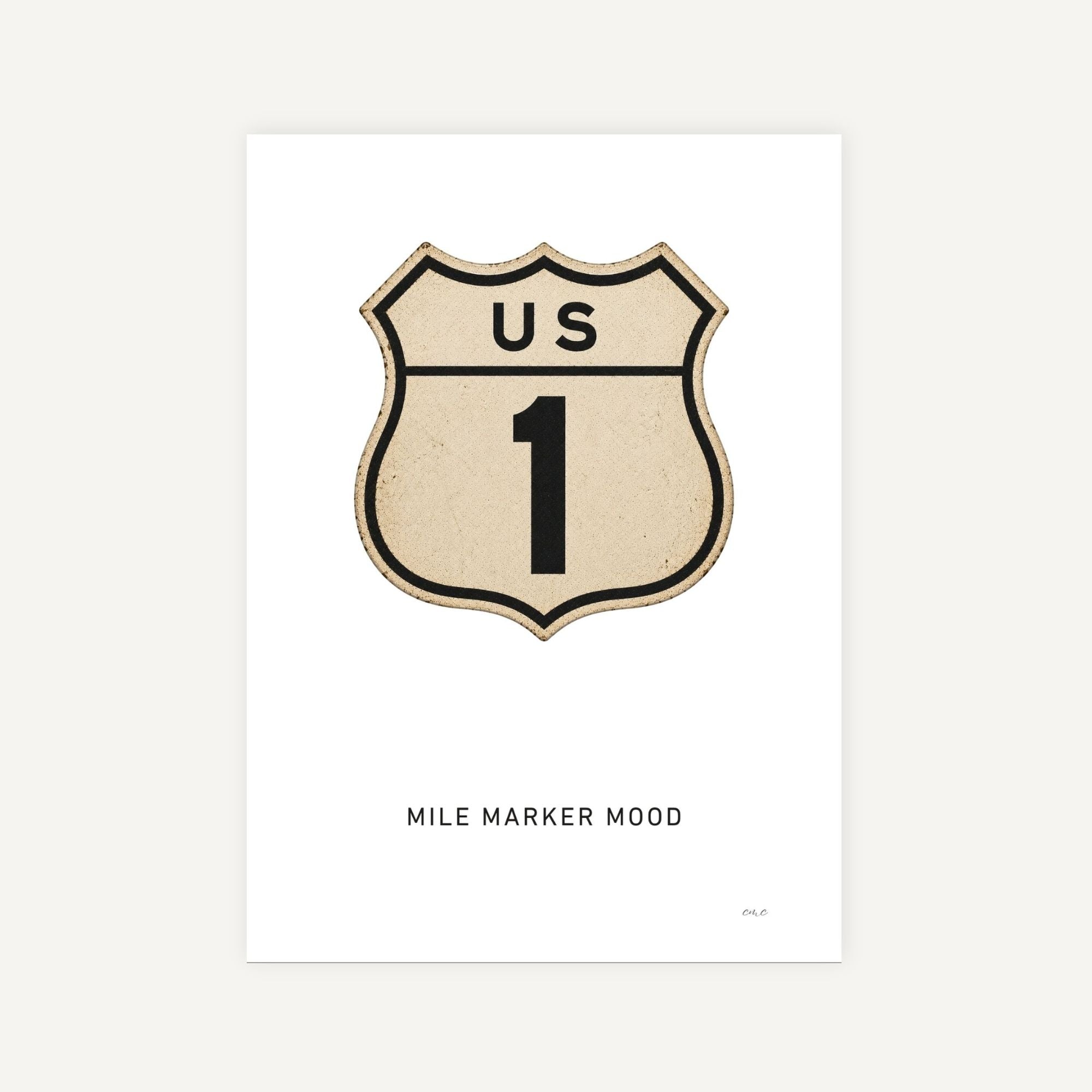 Vintage-style US Route 1 mile marker design on a white background