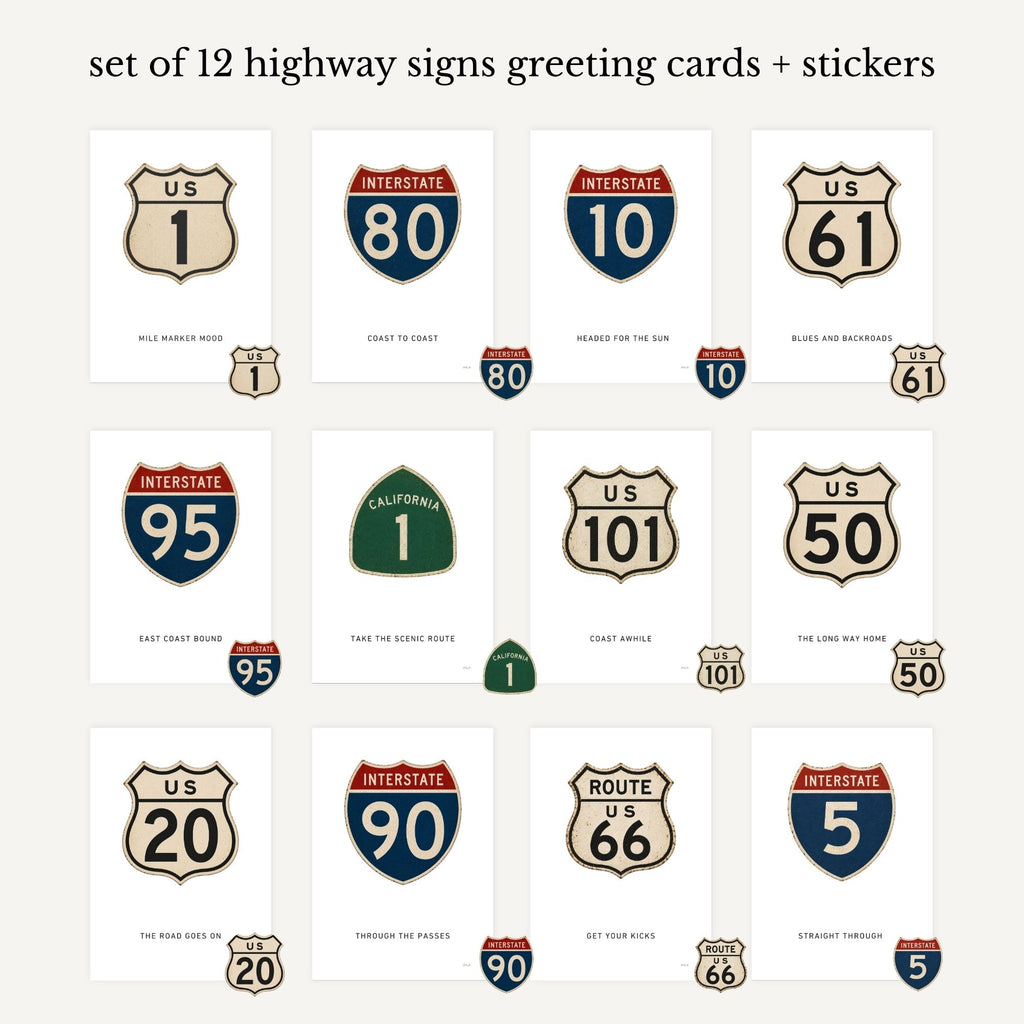 Set of 12 highway signs greeting cards and stickers on a white background