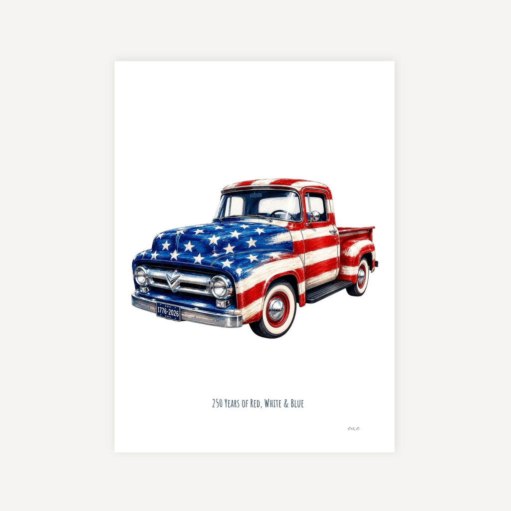 Illustration of a truck with an American flag design on a white background