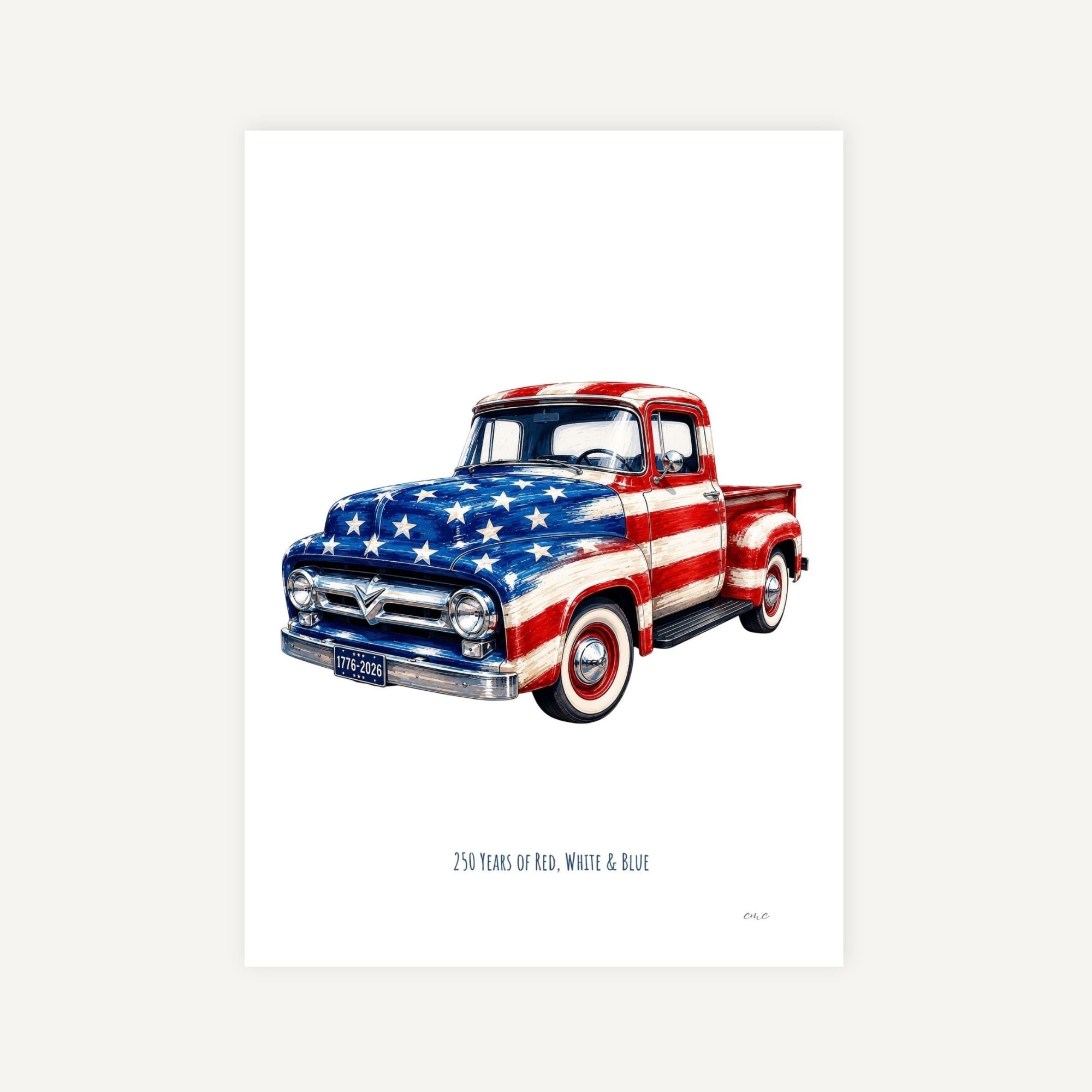 Illustration of a truck with an American flag design on a white background