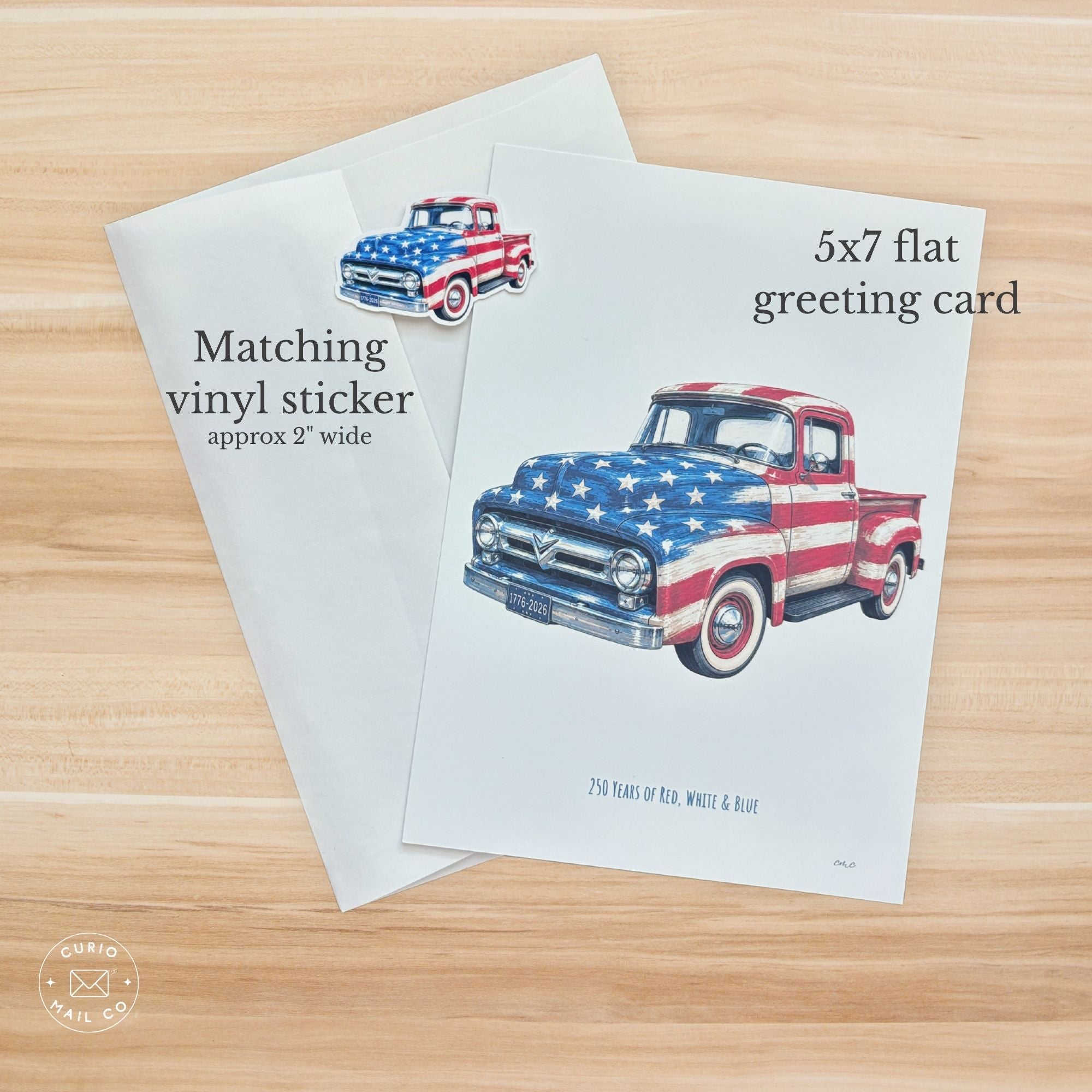 5x7 flat greeting card with American flag truck design on a wooden surface