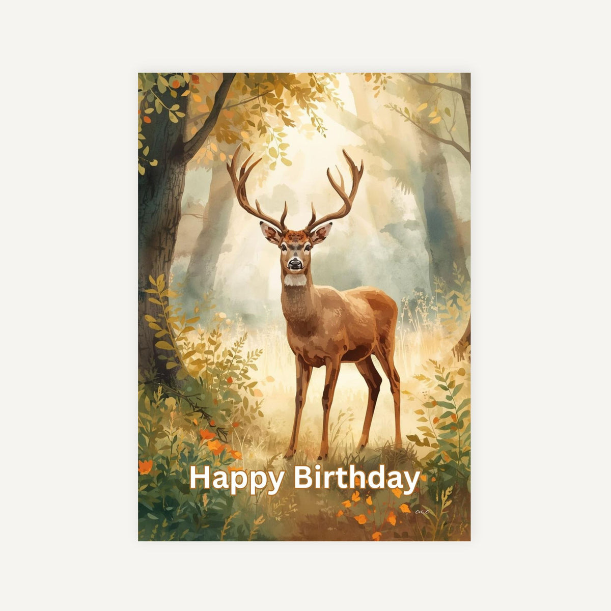 Woodland deer birthday card with Happy Birthday text in a warm forest setting