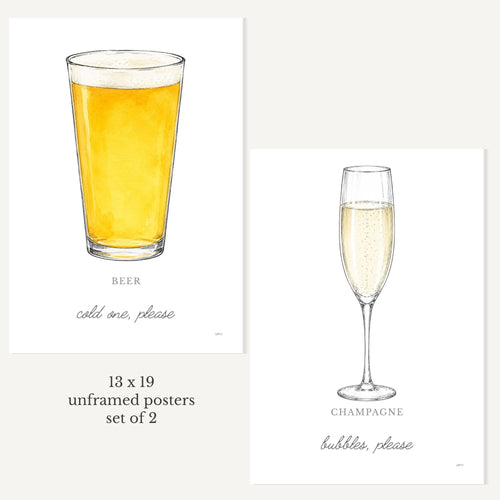 Two 13x19 inch art prints. The left print shows a pint glass filled with golden beer and the text 'BEER cold one, please'.