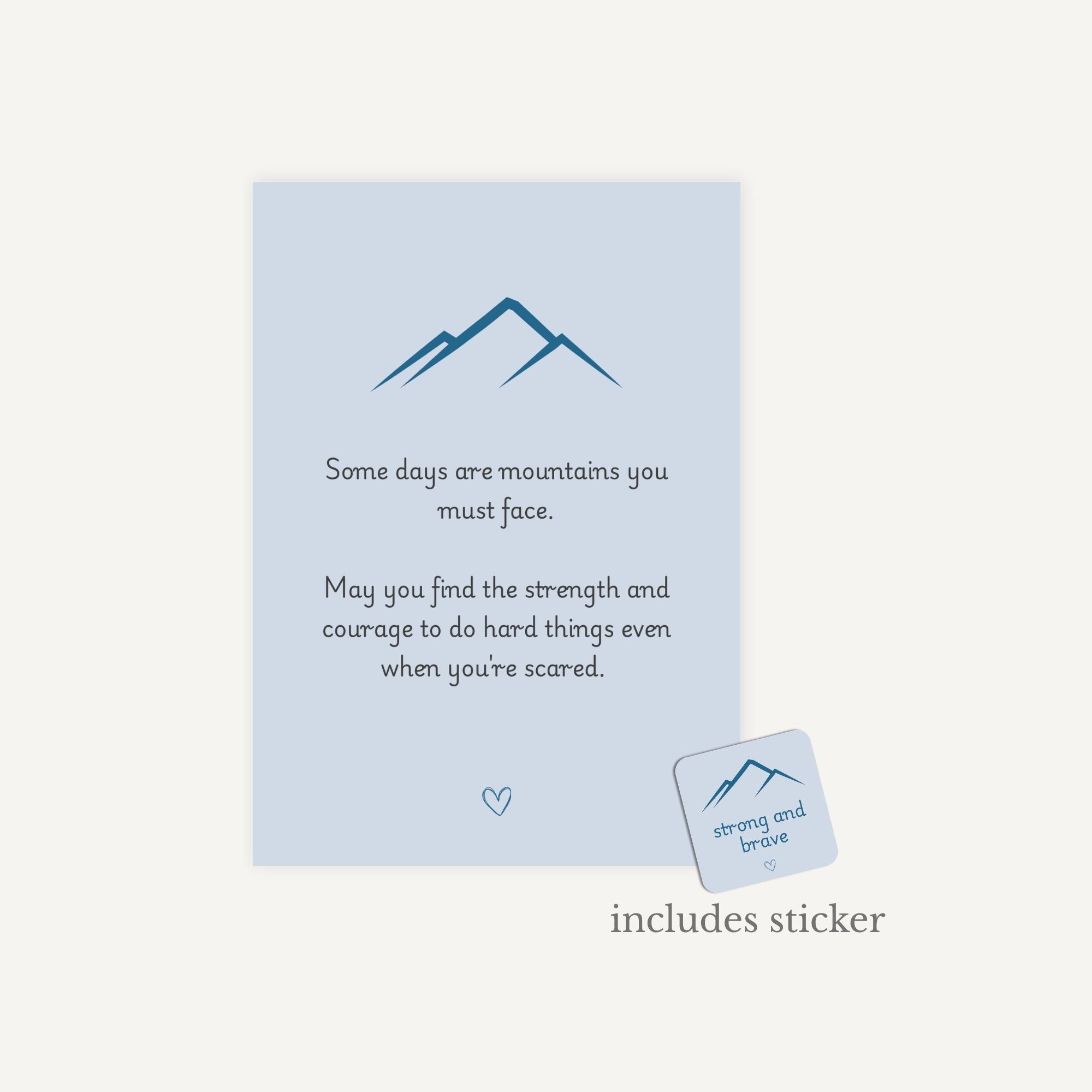 Motivational card with mountain illustration and quote on a light blue background