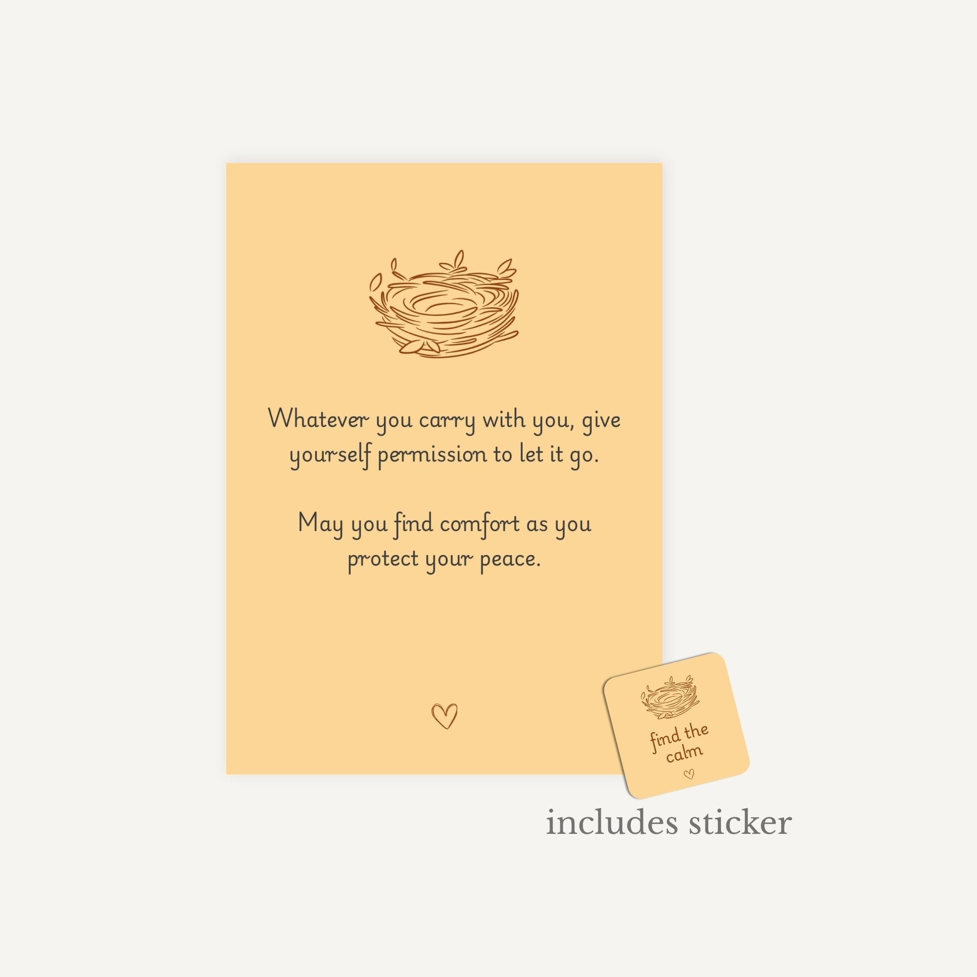 Yellow card with a nest illustration and motivational quote on a white background