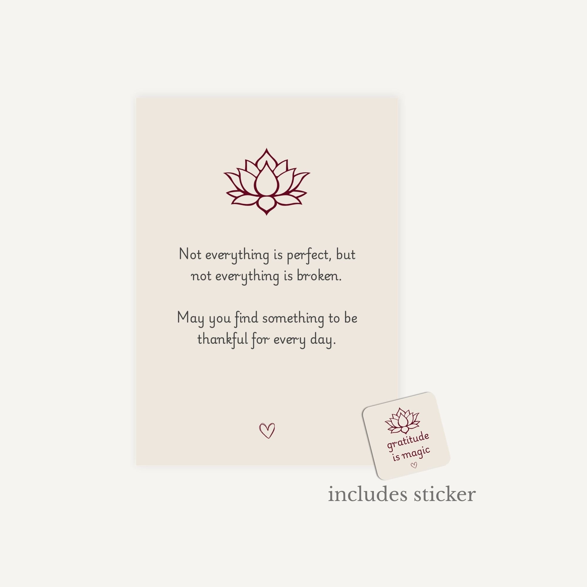 Motivational card with lotus flower design and inspirational quote on a beige background.