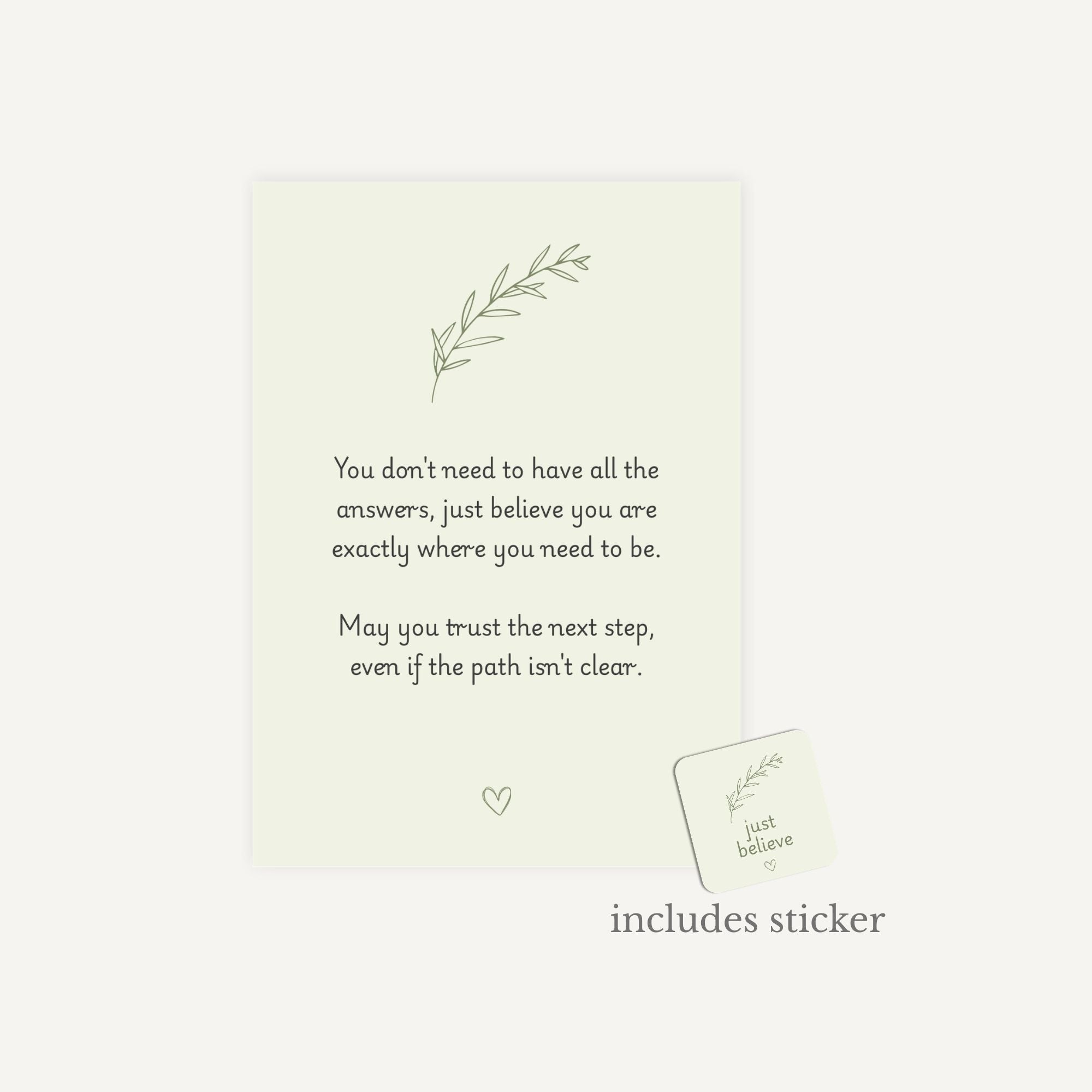 Motivational quote card with a sticker on a light green background