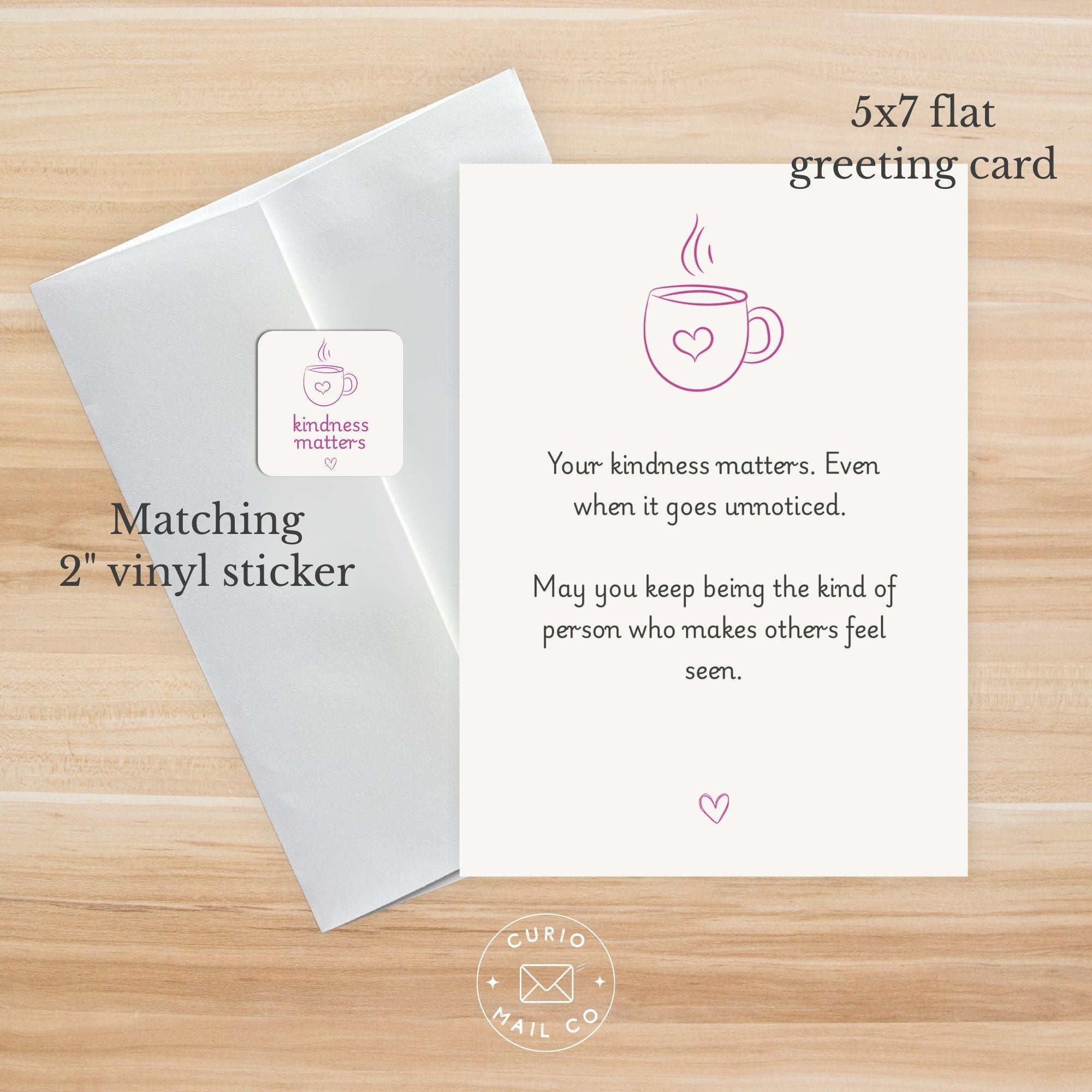 5x7 flat greeting card with matching 2" vinyl sticker on a wooden surface, featuring a coffee cup icon and text.
