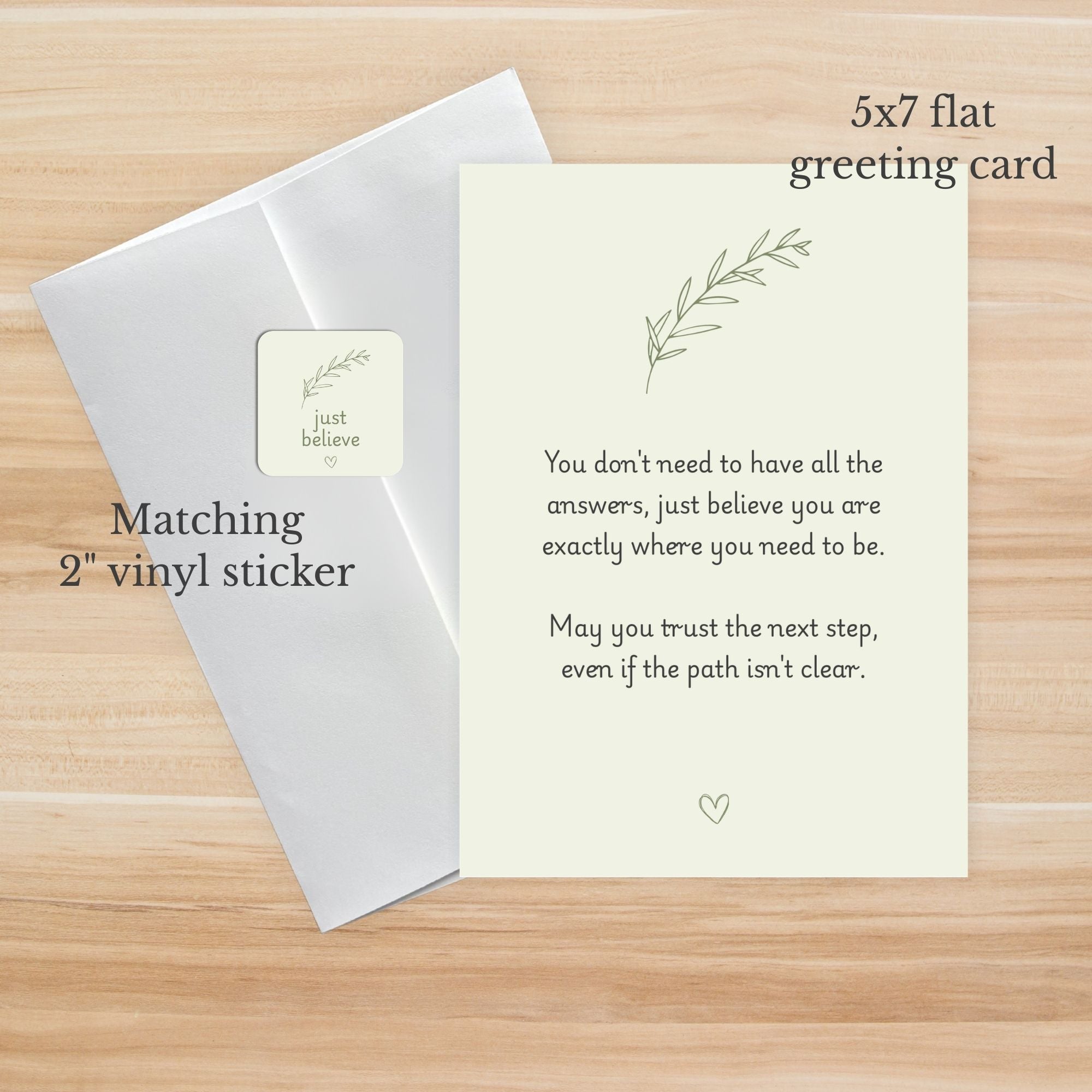 5x7 flat greeting card with matching 2" vinyl sticker on a wooden surface