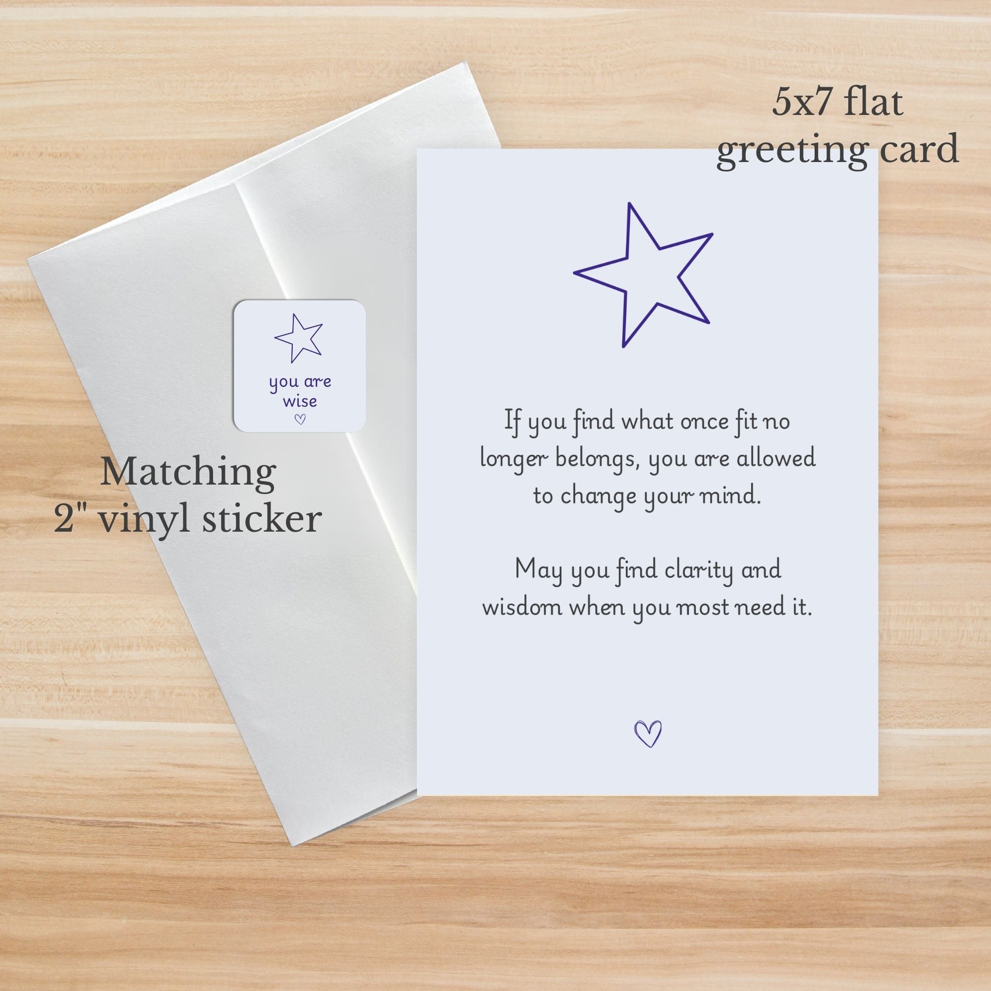 5x7 flat greeting card with matching 2" vinyl sticker on a wooden surface