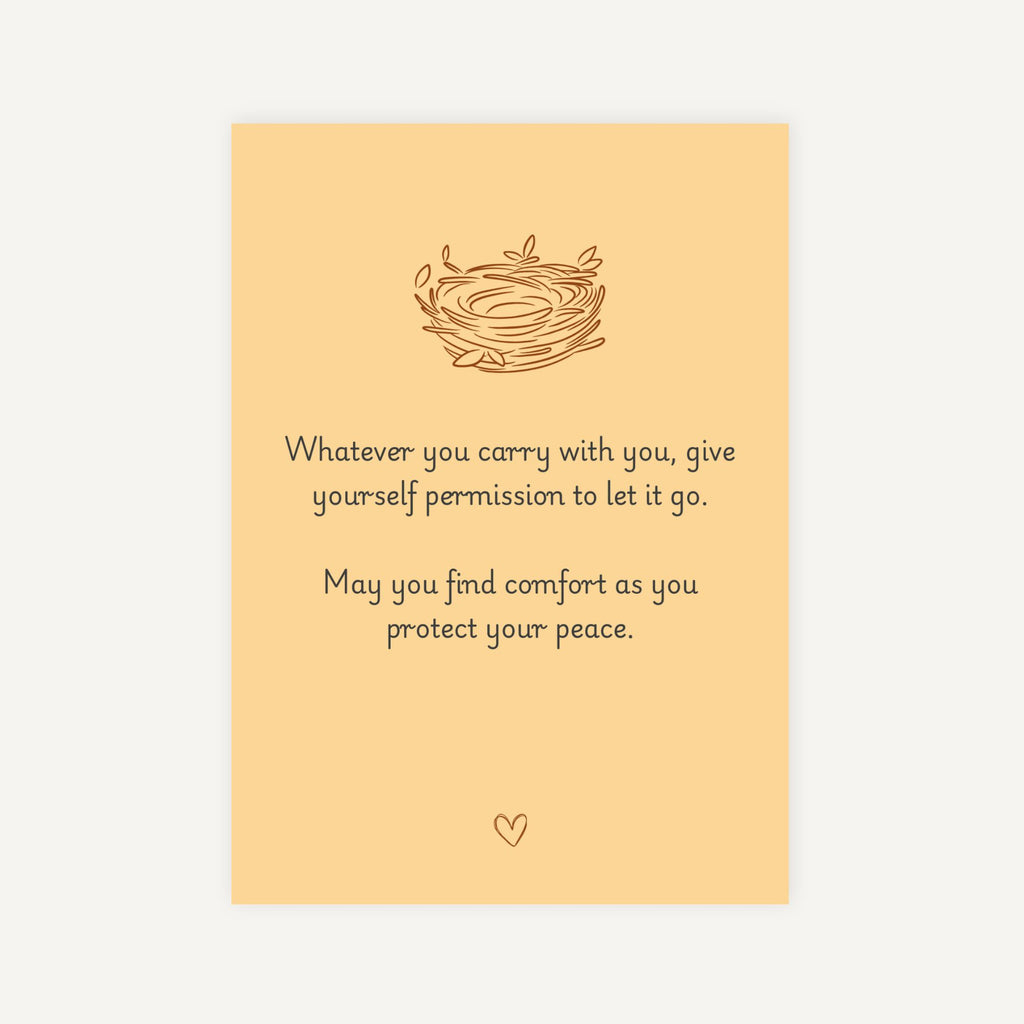 Yellow card with a nest illustration and inspirational quote on a white background