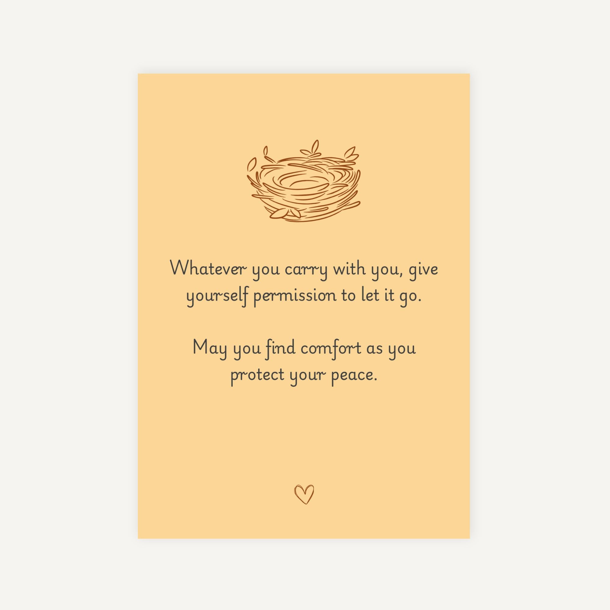 Yellow card with a nest illustration and inspirational quote on a white background