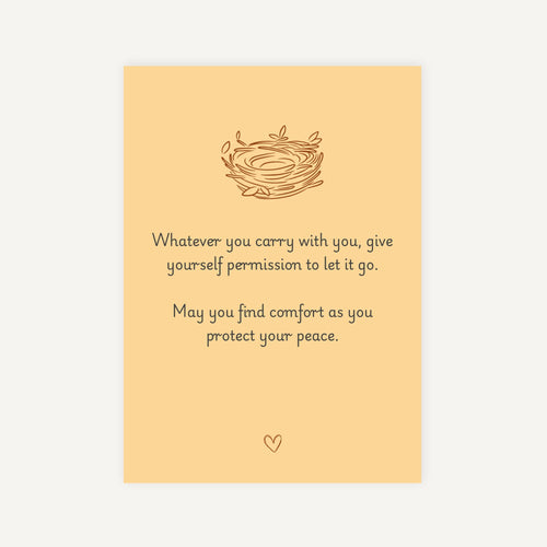 Yellow card with a nest illustration and inspirational quote on a white background