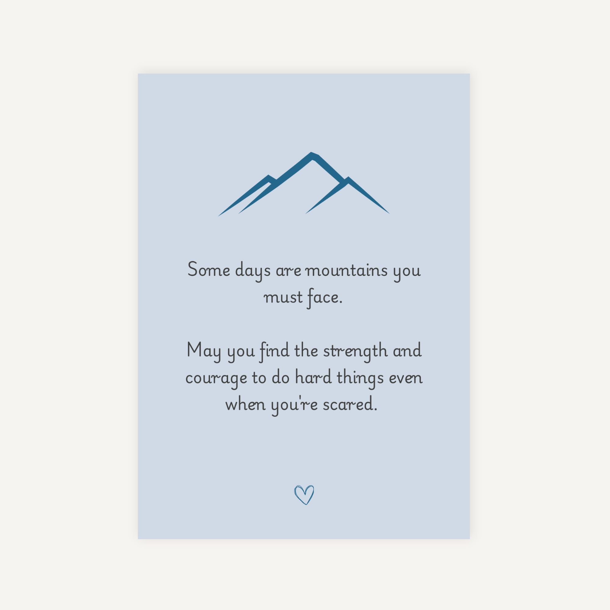 Motivational card with mountain illustration and inspirational quote on a light blue background